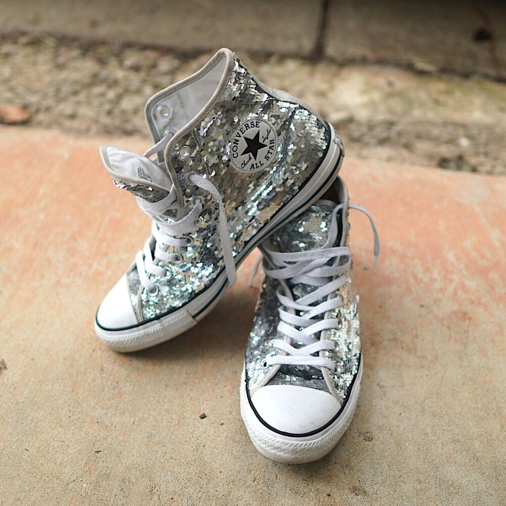 Rare Converse Chuck Taylor All Star High Top Silver Sequins Sneakers Women's 10